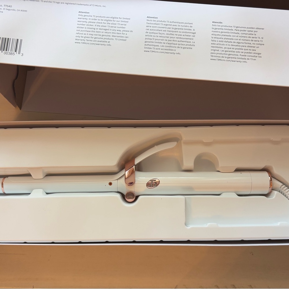 T3 White and Rose Gold Curling Wand 3/4” Used 1x